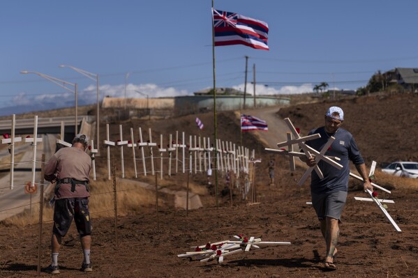 Ethan Meyers, right, carries crosses to put up to honor the victims killed in a recent wildfire in Lahaina, Hawaii, Tuesday, Aug. 22, 2023. Two weeks after the deadliest U.S. wildfire in more than a century swept through the Maui community of Lahaina, authorities say anywhere between 500 and 1,000 people remain unaccounted for — a staggering number for officials facing huge challenges to determine how many of those perished and how many may have made it to safety but haven't checked in. (AP Photo/Jae C. Hong)