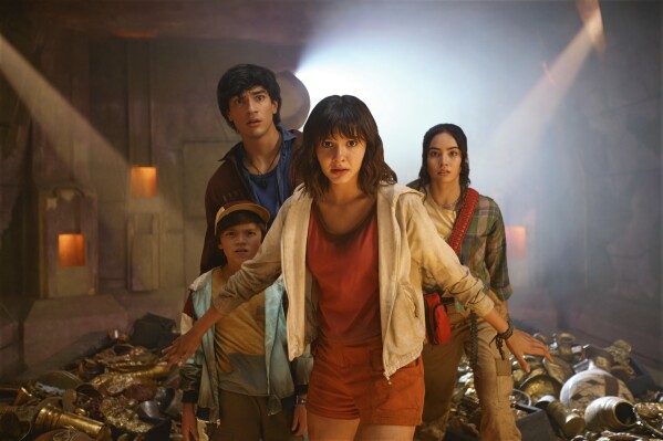 This image released by Paramount+ shows Acston Luca Porto, Jacob Rodriguez, Samantha Lorraine and Mariana Garzón Toro in a scene from "Dora and the Search for Sol Dorado." (Pablo Arellano Spataro/Nickelodeon/Paramount+ via AP)