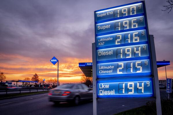 A gas station is pictured on a highway near Frankfurt, Germany, before sunrise on Wednesday, March 1, 2023. (AP Photo/Michael Probst)