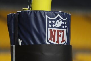 FILE - In this Dec. 15, 2019, file photo, The NFL logo NFL is on the goal post at Heinz Field before an NFL football game between the Pittsburgh Steelers and the Buffalo Bills in Pittsburgh. Disabled Sports USA, with funding from the NFL and the Bob Woodruff Foundation, plans to launch a league in the fall. (AP Photo/Keith Srakocic, File)