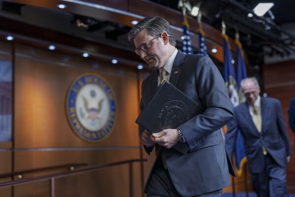 Speaker of the House Mike Johnson, R-La., leaves a news conference after talking with reporters about the Republican agenda,, at the Capitol in Washington, Tuesday, Jan. 7, 2025. (AP Photo/J. Scott Applewhite)