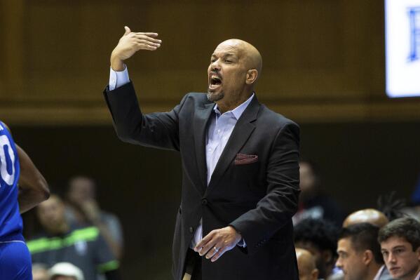 FILE -Georgia State Head Coach Rob Lanier shouts to his team during an NCAA college basketball game against Duke in Durham, N.C., Friday, Nov. 15, 2019. SMU named Rob Lanier as new coach of the Mustangs on Sunday, March 27, 2022 after he took Georgia State to the NCAA Tournament this season. (AP Photo/Ben McKeown, File)
