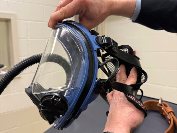 CORRECTS SOURE TO U.S. DISTRICT COURT FROM THE PROMISE OF JUSTICE INITIATIVE - This photo provided by The Promise of Justice Initiative shows the nitrogen gas mask in the new execution chamber at the Louisiana State Penitentiary. (U.S. District Court via AP)