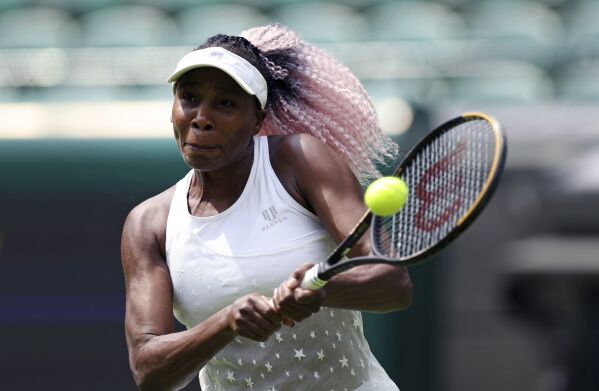 Venus Williams from the US practices at the All England Lawn Tennis and Croquet Club in Wimbledon, England, ahead of the championships which start on Monday, on Thursday June 29, 2023. (Steven Paston/PA via AP)
