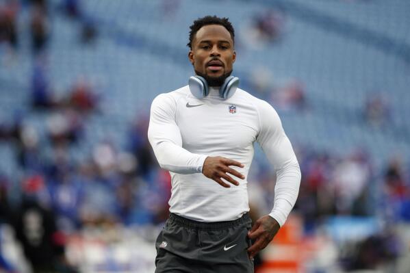 FILE - Buffalo Bills wide receiver Isaiah McKenzie (6) warms up before an NFL divisional round playoff football game Sunday, Jan. 22, 2023, in Orchard Park, NY. The Buffalo Bills released McKenzie in a salary cap-saving move on Friday, March 17, 2023, and following a season in which the sixth-year player struggled in an expanded role in the offense. (AP Photo/Matt Durisko, File)