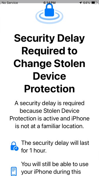 This screenshot shows the security delay feature on Apple's stolen device protection update for iPhones. The delay is triggered by attempts to change critical settings when the user is away from familiar locations. The update makes it a lot harder for phone thieves to access key functions and settings. (AP Photo)