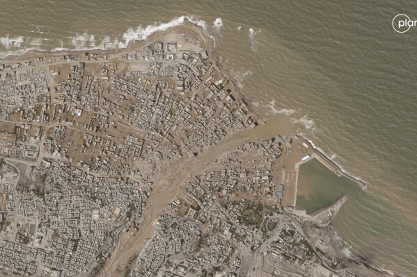 This satellite photo from Planet Labs PBC shows flooding in Derna, Libya, on Tuesday, Sept. 12, 2023. (Planet Labs PBC via AP)