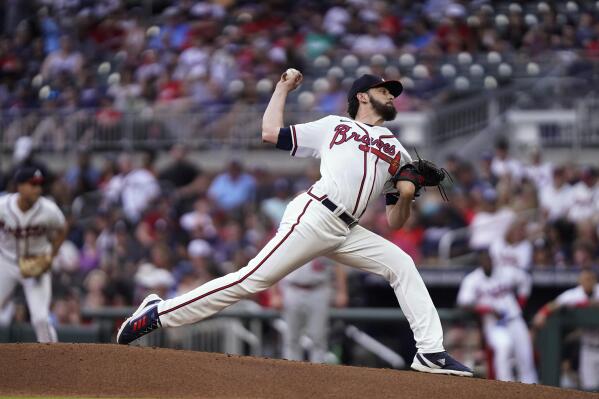 Atlanta Braves starting pitcher Ian Anderson delivers during the first inning of the team's baseball game against the St. Louis Cardinals, Tuesday, July 5, 2022, in Atlanta. (AP Photo/Brynn Anderson)