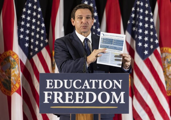 FILE - Florida Gov. Ron DeSantis speaks during a news conference at Christopher Columbus High School in Miami on Monday, March 27, 2023, to announce his signing of a private school voucher expansion, HB1, which allows more Florida school children to become eligible for taxpayer-funded school vouchers. Against the backdrop of favorable decisions by the conservative-majority U.S. Supreme Court, Florida was among nine states that expanded school voucher programs in 2023. (Matias J. Ocner/Miami Herald via AP, File)