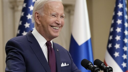 FILE - President Joe Biden smiles during a news conference with Finland's President Sauli Niinisto at the Presidential Palace in Helsinki, Finland, Thursday, July 13, 2023. On Friday, July 14, The Associated Press reported on stories circulating online incorrectly claiming Biden was impeached for high crimes and misdemeanors in June 2023. (AP Photo/Susan Walsh, File)