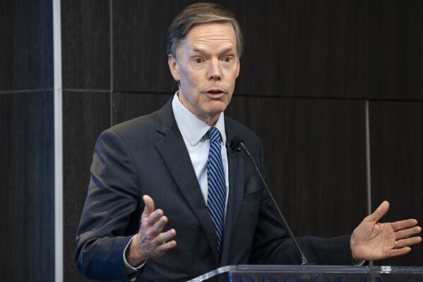 Nick Burns, U.S. Ambassador to China, speaks at the Brookings Institution about U.S.-China relations Friday, Dec. 15, 2023, in Washington. (AP Photo/Jacquelyn Martin)