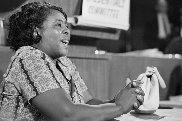 FILE - Fannie Lou Hamer, a leader of the Mississippi Freedom Democratic Party, testifies before the credentials committee of the Democratic National Convention in Atlantic City, N.J., on Aug. 22, 1964, as her racially integrated group challenged the seating of the all-white Mississippi delegation. (AP Photo, File)