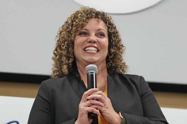 Utah 2nd Congressional District Republican Celeste Maloy speaks after winning an Utah special election to replace her former boss US Rep. Chris Stewart during a election night party Tuesday, Nov. 21, 2023, in West Valley City, Utah. (AP Photo/Rick Bowmer)