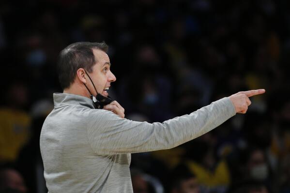 Los Angeles Lakers head coach Frank Vogel gestures during the first half of an NBA basketball game against the Utah Jazz in Los Angeles, Monday, Jan. 17, 2022. (AP Photo/Ringo H.W. Chiu)