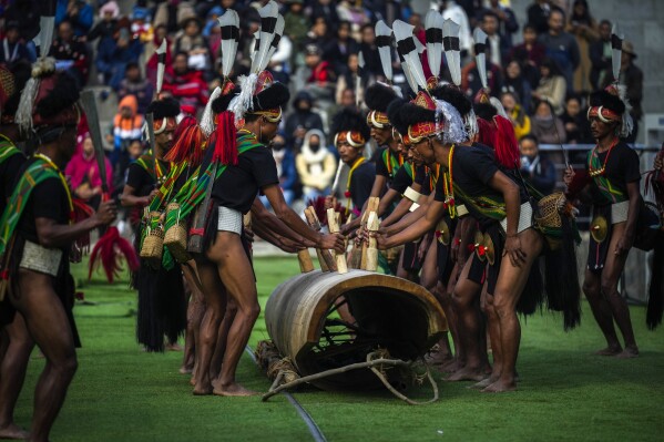 Indigenous Nagas dance during the Hornbill Festival in Kisama, on the outskirts of Kohima, capital of the northeastern Indian state of Nagaland, Tuesday, Dec. 10, 2024. (AP Photo/Anupam Nath)