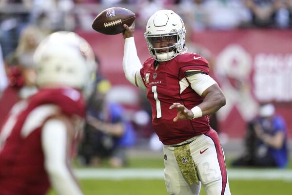 Arizona Cardinals quarterback Kyler Murray (1) passes against the Seattle Seahawks during the first half of an NFL football game in Glendale, Ariz., Sunday, Nov. 6, 2022. (AP Photo/Ross D. Franklin)