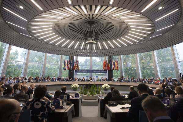 President of the Committee of Ministers of the Council of Europe, Dominique Hasler, center, opens the 133rd session of the Committee of Ministers at the European Council in Strasbourg, eastern France, Friday, May 17, 2024. Kosovo on Friday criticized the Council of Europe's decision against holding a vote on its membership, saying it deprived its people and especially its ethnic minorities of democratic tools offered by the continent’s top human rights body. (AP Photo/Jean-Francois Badias)