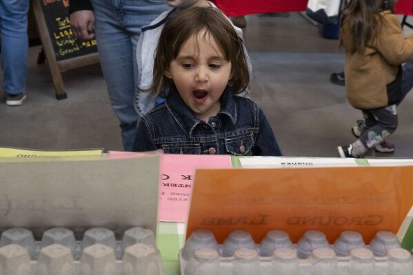 A young girl yawns as she looks at signs of products being sold at the Brighton Farmers Market on Sunday, March 23, 2025, in Brighton, N.Y. (Caitlyn Daproza via AP)