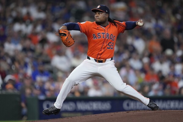 Houston Astros starting pitcher Framber Valdez delivers during the first inning of a baseball game against the Los Angeles Dodgers, Friday, July 26, 2024, in Houston. (ĢӰԺ Photo/Kevin M. Cox)