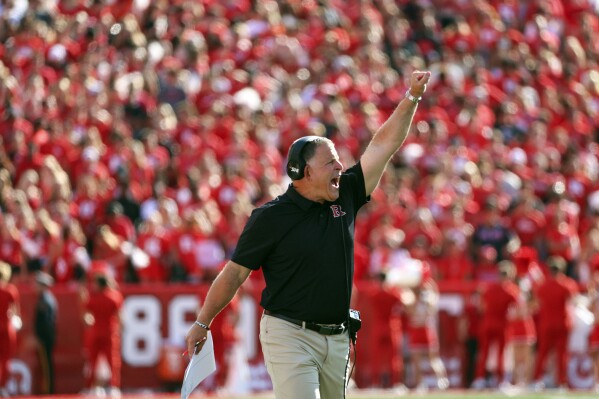 Rutgers head coach Greg Schiano gestures during the first half of an NCAA college football game against Virginia Tech, Saturday, Sept. 16, 2023, in Piscataway, N.J. (Andrew Mills/NJ Advance Media via AP)