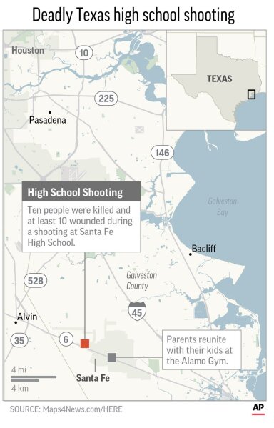 
              UPDATES death toll. Map locates Santa Fe High School in Santa Fe, Texas, site of a fatal school shooting; 2c x 5 inches; 96.3 mm x 127 mm;
            