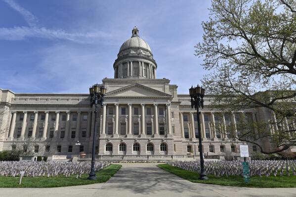 FILE - The exterior photo of the Kentucky State Capitol in Frankfort, Ky., is shown on April 7, 2021. Kentucky lawmakers took aim Wednesday, March 2,3 2022, at reversing the state's chronically high rates for child abuse and neglect, passing a sweeping measure to bolster prevention and oversight efforts. The bill won 94-0 final passage in the House, sending the measure to Gov. Andy Beshear. (AP Photo/Timothy D. Easley)