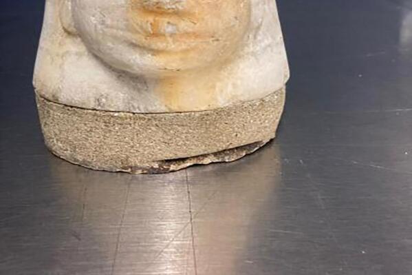 This photo provided by  U.S. Customs and Border Protection shows an ancient Egyptian artifact. Federal agents in Memphis have seized the potentially 3,000-year-old ancient Egyptian artifact that was shipped in from Europe.  U.S. Customs and Border Protection says they intercepted the Egyptian canopic jar lid of the funeral deity named Imsety on Aug. 17, 2022.  The jars were used to hold the internal organs of mummies.  ( U.S. Customs and Border Protection via AP)