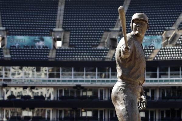 A statue of former Cleveland Indians Jim Thome stands in an empty Progressive Field, March 26, 2020, in Cleveland. The Cleveland Indians were scheduled to play the Detroit Tigers in an Opening Day baseball game Thursday but the season has been postponed due to the coronavirus. (AP Photo/Tony Dejak)
