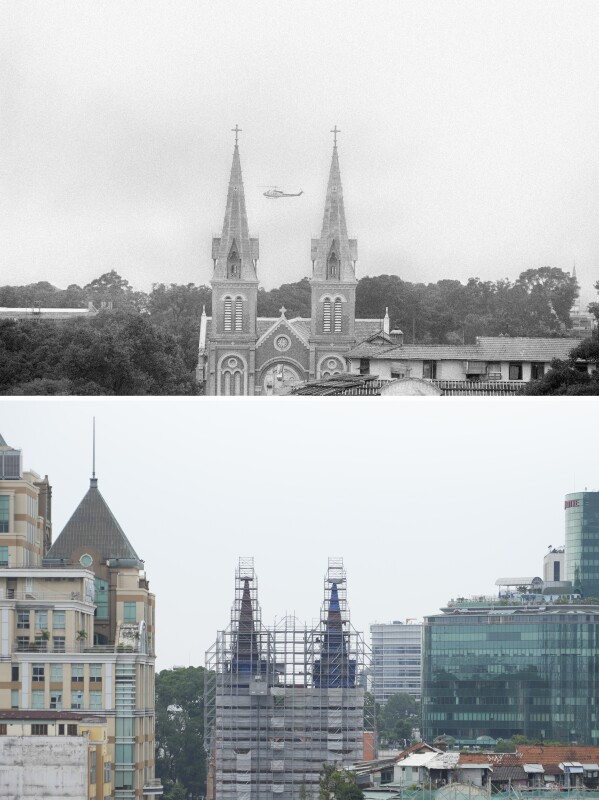 This combination of photos shows a U.S. Marine helicopter flying over Saigon Cathedral, April 1975, top, and the same location covered for conservation in Ho Chi Minh city, Vietnam on Feb. 20, 2025. (AP Photo/Matt Franjola, Hau Dinh)