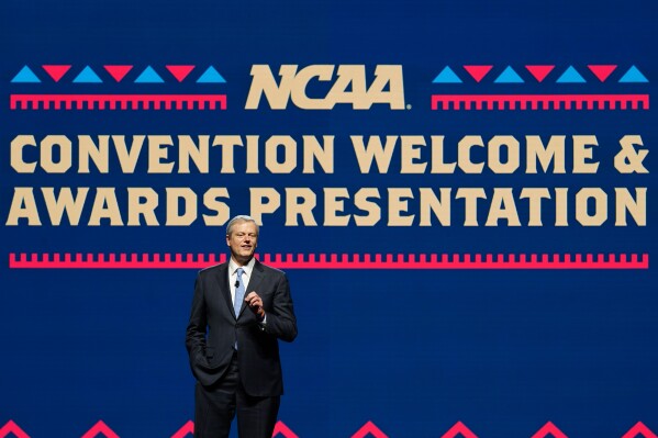 NCAA President Charlie Baker speaks at his first state of college sports address, at the association's annual convention Wednesday, Jan. 10, 2024, in Phoenix. (AP Photo/Ross D. Franklin)