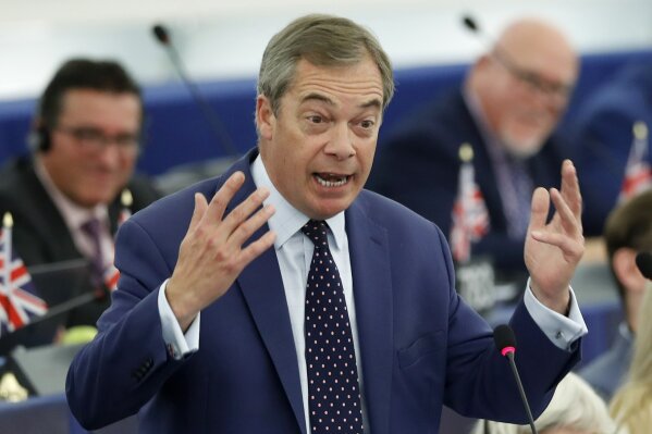 Brexit Party leader Nigel Farage delivers his speech Tuesday, Oct. 22, 2019 at the European Parliament in Strasbourg. Britain faces another week of political gridlock after British lawmakers on Monday denied Prime Minister Boris Johnson a chance to hold a vote on the Brexit divorce bill agreed in Brussels last Thursday. (AP Photo/Jean-Francois Badias)
