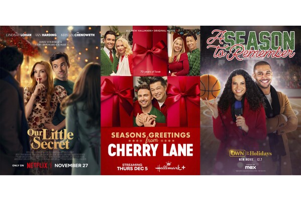 This combination of images shows promotional art for holiday films "Our Little Secret," left, "Seasons Greetings from Cherry Lans," center, and "A Season To Remember." (Netflix/Hallmark+/OWN via AP)