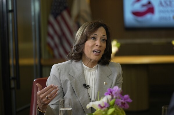 U.S. Vice President Kamala Harris gestures as she speaks during an interview with the Associated Press on the sidelines of the Association of Southeast Asian Nations (ASEAN) Summit in Jakarta, Indonesia, Wednesday, Sept. 6, 2023. (AP Photo/Dita Alangkara)