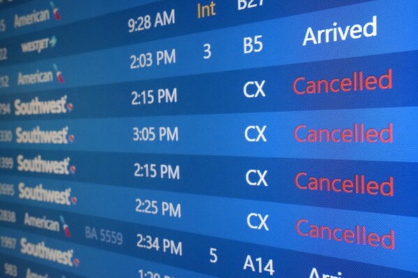 FILE - The list of Southwest Airlines flights cancelled grows at Phoenix Sky Harbor International Airport in Phoenix, Dec. 29, 2022. Thousands of air travelers faced flight cancellations and delays this weekend as thunderstorms traveled across the U.S. East Coast and Midwest. (AP Photo/Ross D. Franklin, File)