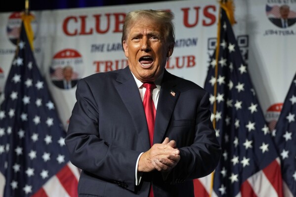 Republican presidential candidate former President Donald Trump gestures after speaking Wednesday, Oct. 11, 2023, at Palm Beach County Convention Center in West Palm Beach, Fla. (AP Photo/Rebecca Blackwell)