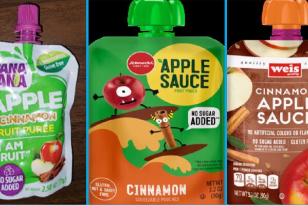 This image provided by the U.S. Food and Drug Administration on Thursday, Nov. 17, 2023, shows three recalled applesauce products - WanaBana apple cinnamon fruit puree pouches, Schnucks-brand cinnamon-flavored applesauce pouches and variety pack, and Weis-brand cinnamon applesauce pouches. The FDA is screening imports of cinnamon from multiple countries for toxic lead contamination after growing reports of children who were sickened after eating pouches of applesauce and apple puree. Cinnamon from a manufacturer in Ecuador is the “likely source” of high levels of lead found in recalled pouches of applesauce puree linked to illnesses in at least 34 children in 22 states, the FDA said Friday, Nov. 17, 2023. (FDA via AP)