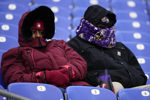 Fans watch teams warm up before an NFL football AFC divisional playoff game between the Baltimore Ravens and the Houston Texans, Saturday, Jan. 20, 2024, in Baltimore. (AP Photo/Matt Slocum)