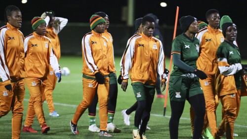 The Zambia women's national team walks together during an evening training session in Hamilton, New Zealand, Thursday, July 20, 2023. Zambia will face Japan for their opening match and World Cup debut in Hamilton on July 22. (AP Photo/Juan Mendez)