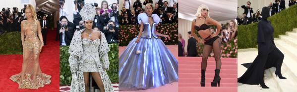 This combination of photos shows, from left, Beyonce at The Met Gala on May 4, 2015, Rihanna at the gala on May 7, 2018, Zendaya and Lady Gaga at the gala on May 6, 2019, and Kim Kardashian at the gala on Sept. 13, 2021, in New York. (AP Photo)