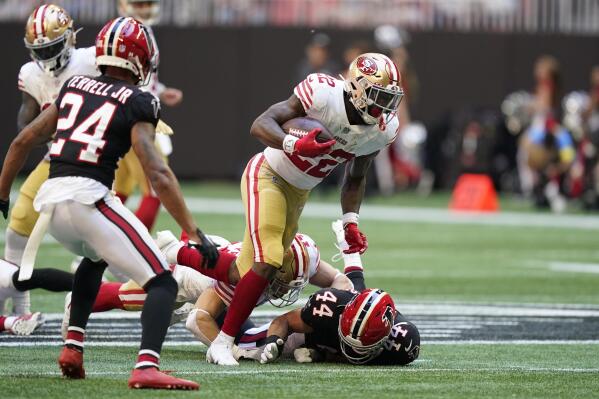 Atlanta Falcons linebacker Troy Andersen (44) works during the first half  of an NFL football game