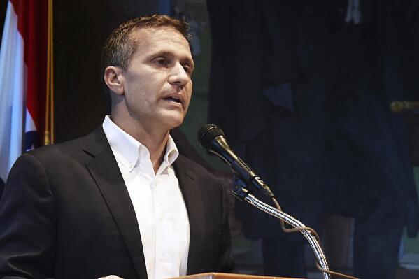 FILE - In this May 29, 2018, file photo, then-Missouri Gov. Eric Greitens announces his resignation during a news conference in Jefferson City. An election watchdog says former Missouri Gov. Eric Greitens violated campaign finance laws in his bid for U.S. Senate. The Washington-based nonprofit campaign finance watchdog group Campaign Legal Center filed a federal complaint against Greitens' Senate campaign Thursday, Oct. 28, 2021. (Julie Smith/The Jefferson City News-Tribune via AP, File)