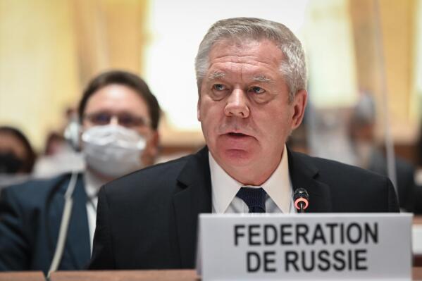 FILE - Russian ambassador Gennady Gatilov speaks at the opening of the 49th session of the UN Human Rights Council in Geneva, Switzerland, on, Feb. 28, 2022. The U.N.’s top human rights body has voted Friday to appoint an independent expert to step up scrutiny of Russia’s rights record at home. Russian ambassador Gennady Gatilov lashed out at the draft of the proposal as a “despicable document” and said its real aim was “to find yet another way of exerting leverage for bringing pressure to bear on Russia.” (Fabrice Coffrini/Keystone via AP, Pool, File)