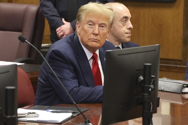 Donald Trump awaits the start of a hearing in New York City Criminal Court, Thursday, February 15, 2024. A New York judge says former President Donald Trump's hush-money trial will go ahead as scheduled with jury selection starting on March 25. (Jefferson Siegel for The New York Times via AP, Pool)