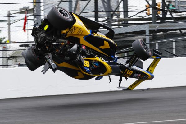 Colton Herta crashes in the first turn during the final practice for the Indianapolis 500 auto race at Indianapolis Motor Speedway in Indianapolis, Friday, May 27, 2022. (AP Photo/Kirk DeBrunner)