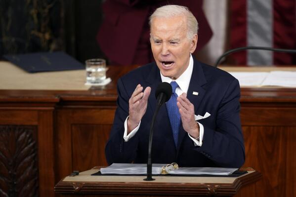 FILE - President Joe Biden delivers the State of the Union address to a joint session of Congress at the U.S. Capitol, Tuesday, Feb. 7, 2023, in Washington. Biden has sparked a firestorm after saying in his State of the Union address that the United States will need oil “for at least another decade.″ Republicans laughed at Biden’s off-the-cuff remark, which was not in his scripted speech. GOP lawmakers accuse the Democratic president of refusing to accept reality and “living in a green hallucination.″ (AP Photo/Patrick Semansky, File)