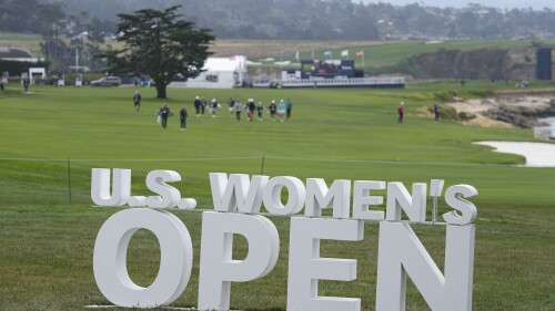 Golfers walks down the 18th fairway during a practice round for the U.S. Women's Open golf tournament at the Pebble Beach Golf Links, Tuesday, July 4, 2023, in Pebble Beach, Calif. (AP Photo/Darron Cummings)