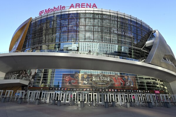 FILE - T-Mobile Arena is seen, Feb. 1, 2022, in Las Vegas. A Nevada jury indicted Matthew DeSavio, Wednesday, Sept. 20, 2023, on felony charges that he threatened to carry out a mass shooting in June at a Stanley Cup Final hockey game on the Las Vegas Strip at T-Mobile Arena. (AP Photo/David Becker, File)