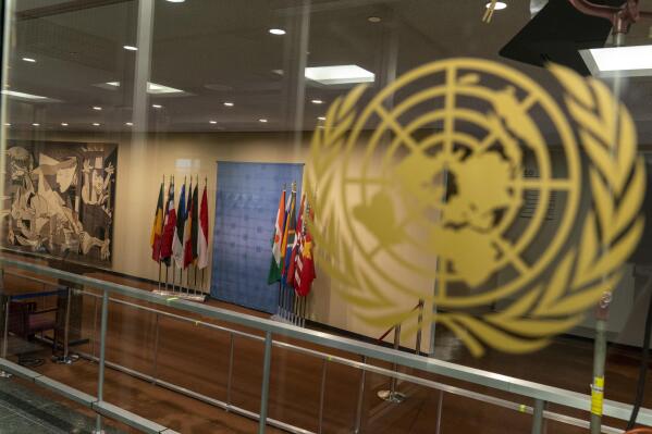 The Security Council stakeout area is closed off to members of the media during the 75th session of the United Nations General Assembly on Sept. 23, 2020, at U.N. headquarters. The United States and its allies clashed with Russia and China in the U.N. Security Council on Monday, Feb. 8, 2022 over the usefulness and impact of U.N. sanctions, which are currently imposed on countries from North Korea to Yemen and Congo as well the al-Qaida and Islamic State extremist groups and their affiliates and supporters. (AP Photo/Mary Altaffer, File)