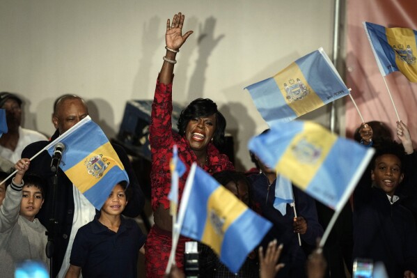 Democratic mayoral candidate Cherelle Parker takes the stage during an election night party in Philadelphia, Tuesday, Nov. 7, 2023. Parker was elected as Philadelphia's 100th mayor, becoming the first woman to hold the office. (AP Photo/Matt Rourke)