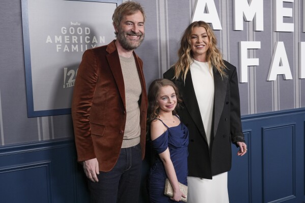 Mark Duplass, from left, Imogen Faith Reid, and Ellen Pompeo arrive at an FYC screening of "Good American Family" on Thursday, March 13, 2025, at DGA Theater Complex in Los Angeles. (AP Photo/Chris Pizzello)